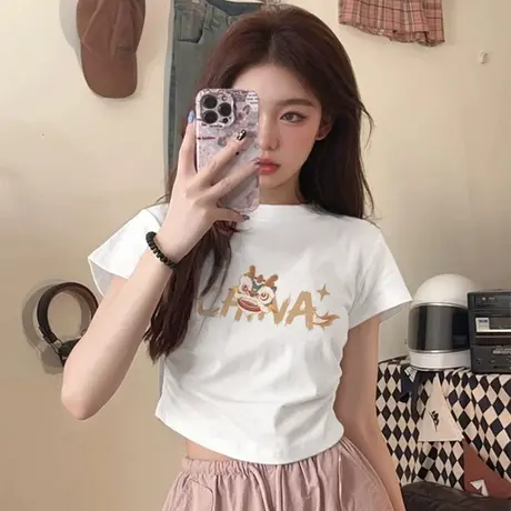 KWV真维斯正肩短袖t恤女2025夏季新款抽褶修身圆领白色短款上衣女商品大图