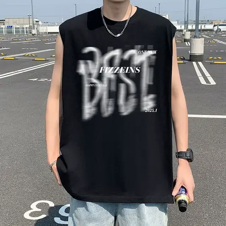 背心男夏季薄款纯棉ins潮牌美式砍袖坎肩男装oversize宽肩无袖t恤图片