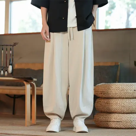 亚麻休闲长裤男裤子中国风潮牌棉麻灯笼裤夏季宽松束脚裤阔腿垮裤商品大图