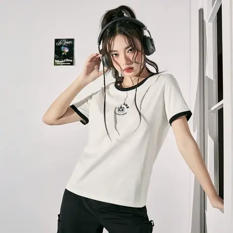 唐狮圆领甜美短袖T恤女2024新款爆款修身撞色白色上衣女设计感sz商品大图