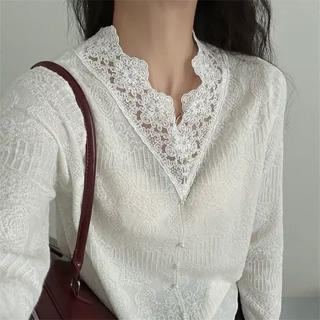 春装2025新款薄款蕾丝毛衣V领针织衫外套女高级感小个子短款上衣商品大图