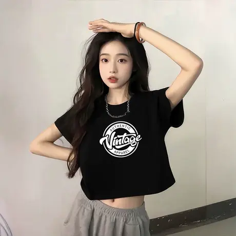 超火cec美式复古短款短袖t恤女独特漂亮露脐收腰上衣ins欧货小衫图片