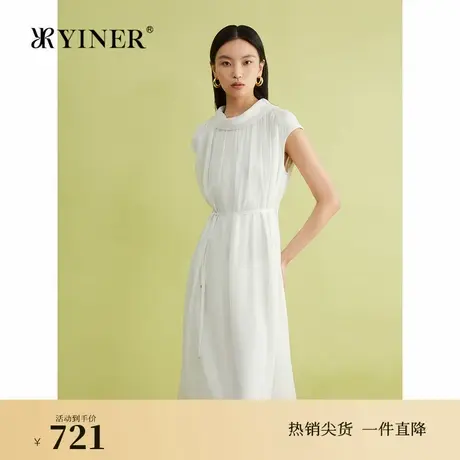 YINER音儿专选2024夏季新款法式收褶小白裙系带收腰雪纺连衣裙图片