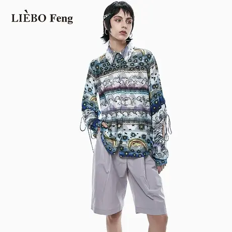 裂帛LIEBOFeng商场同款2023年夏新小众设计感印花抽绳长袖衬衫女图片