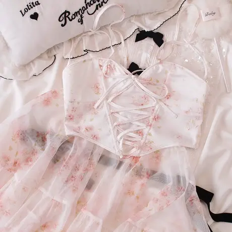 纯欲甜美初恋少女风碎花睡裙女性感仙气质抹胸内衣文胸套装吊带女商品大图