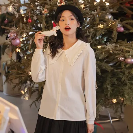 尔给2023年初秋新款法式小个子娃娃领衬衫女设计感小众秋季上衣图片