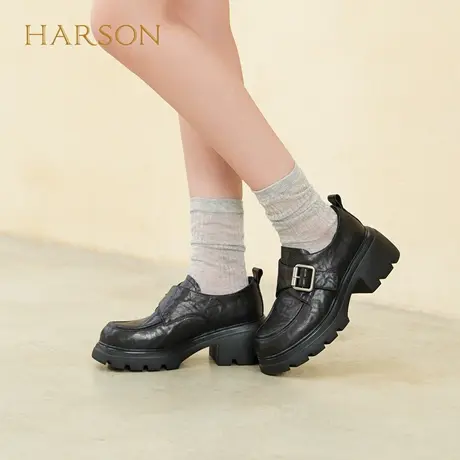 哈森/HARSON【爵士乐福鞋】25秋新款魔术贴黑色羊皮革皮鞋增高鞋商品大图