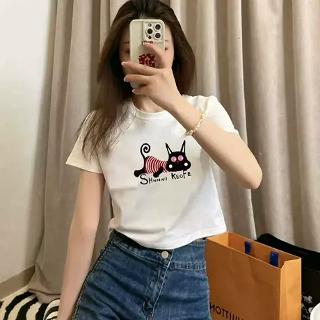 白色正肩小个子高腰短款t恤女2025夏季新款爆款修身百搭短袖上衣商品大图