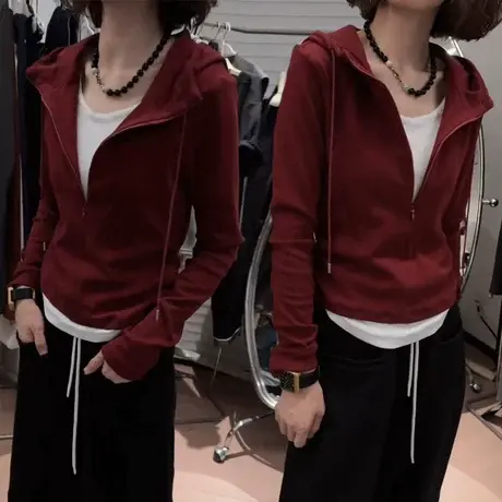 安可拉红假两件连帽卫衣女2025早秋季新款设计感休闲显瘦长袖上衣商品大图