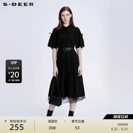 sdeer圣迪奥抽褶收腰网纱拼接衬衫连衣裙S22261224图片