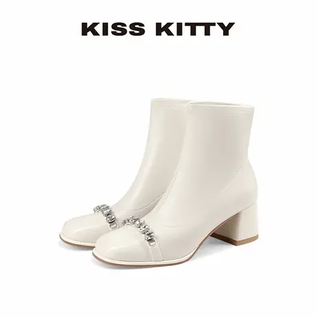 KISSKITTY短靴子2025新款爆款巨好看的白色粗跟高跟小个子马丁靴商品大图