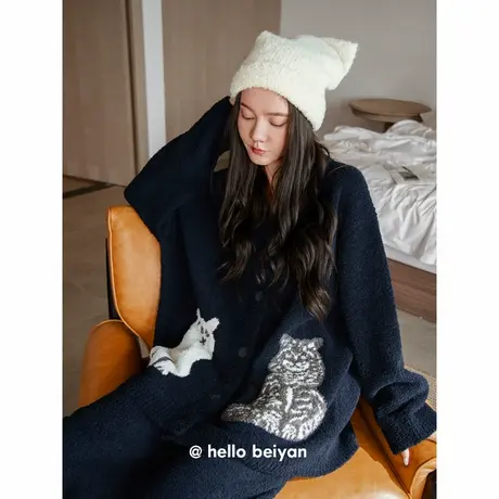 贝妍新款半边绒睡衣女秋冬季开衫保暖家居服宽松大码女珊瑚绒套装商品大图