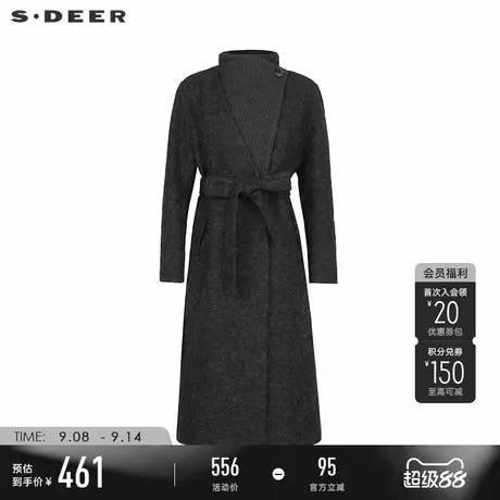 sdeer圣迪奥冬季女装立领拼接收腰毛呢长款大衣S234Z2516商品大图