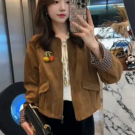 韩版时尚百搭宽松显瘦鹿皮绒格子拼接短外套女2025秋季新款休闲潮商品大图