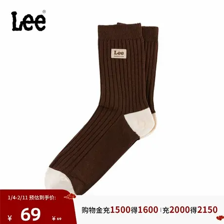 Lee韩国设计25秋冬新品舒适版织标Logo透气吸汗咖色女中筒袜潮流商品大图
