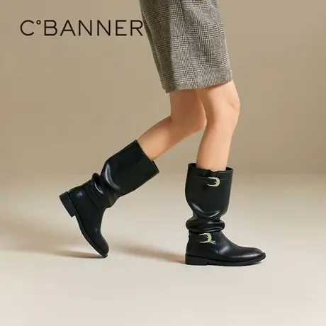 【明星同款】千百度西部牛仔靴女2025冬季新款堆堆靴骑士靴长靴图片