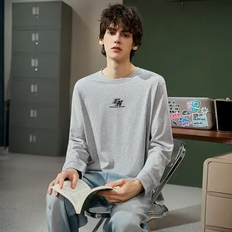 唐狮秋季新款长袖T恤男宽松休闲内搭前后背印花圆领打底衫潮tTMTA图片