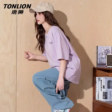 唐狮官方紫色宽松短袖t恤女夏季2026新款女款纯棉圆领半袖上衣VB图片