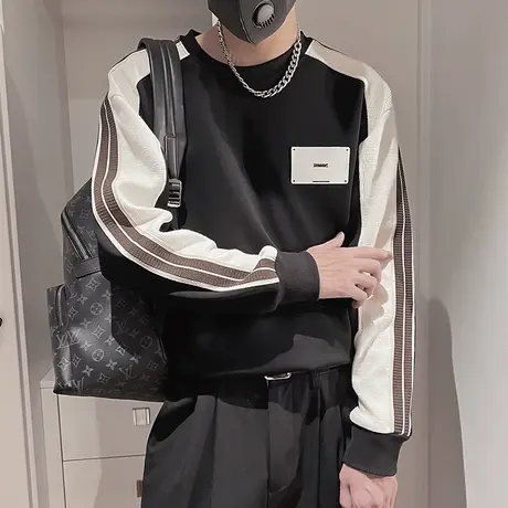 秋季套头撞色卫衣男美式运动宽松休闲拼色内搭上衣春秋款长袖体恤商品大图