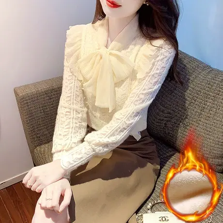 别致气质长袖蕾丝打底衫女2023冬季新款加绒加厚时尚内搭洋气小衫商品大图