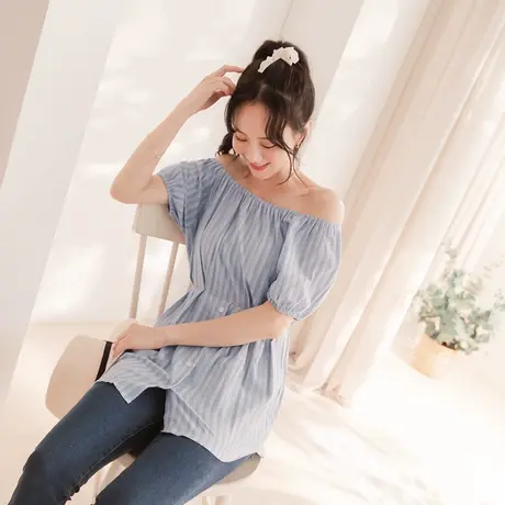 桔熊夏季韩版度假风条纹衫露锁骨修身收腰短袖上衣女大码AB15845图片