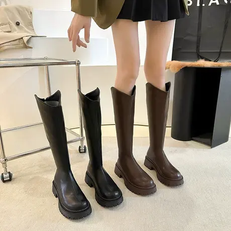 靴子女长筒靴高级感ins粗跟瘦瘦靴2023年新款秋冬v口复古不过膝靴商品大图