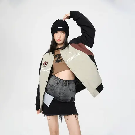 美式街头风棒球服棉服女冬季夹棉外套新款机车风拼接复古宽松棉衣图片
