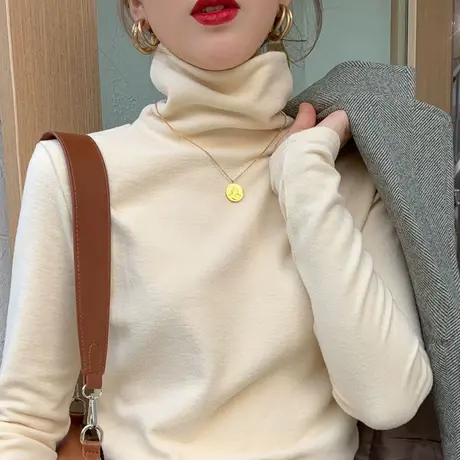 高领德绒打底衫女西装风衣内搭秋冬堆堆领上衣加厚磨毛长袖t恤潮商品大图