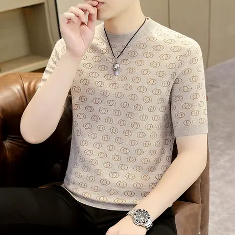 秋冬季时尚提花毛衣男士羊毛衫短袖内搭线衣ins针织打底衫半袖t恤商品大图