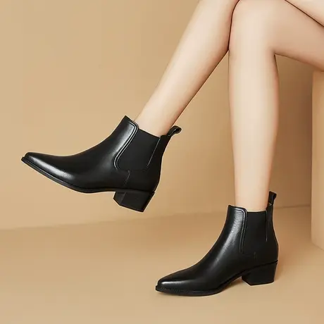 头层牛皮里外全皮尖头踝靴英伦风短靴女中跟粗跟真皮鞋切尔西靴子图片