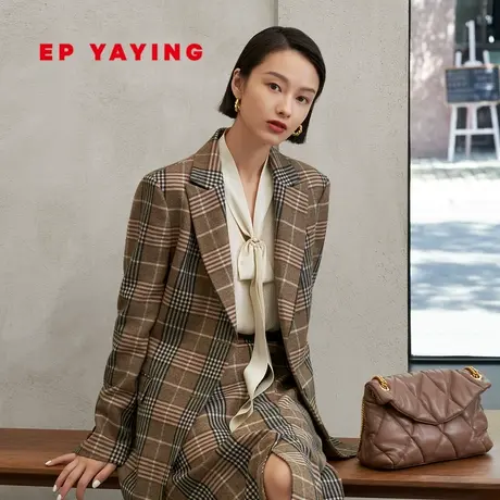 EP雅莹女装 通勤绵羊毛格纹戗驳领西装外套 商场同款1122A商品大图