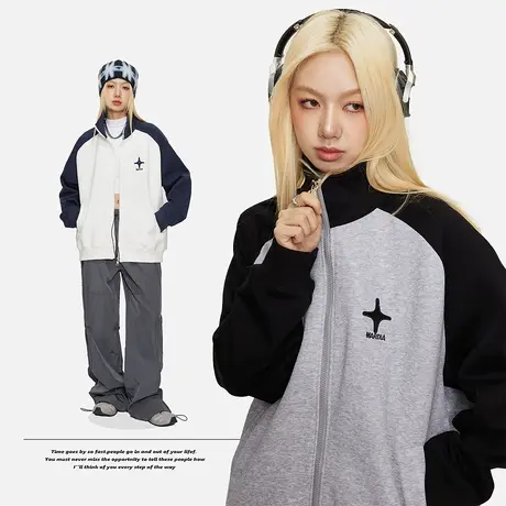 潮牌拼接立领运动外套女春秋2023新款复古宽松插肩袖开衫卫衣夹克商品大图