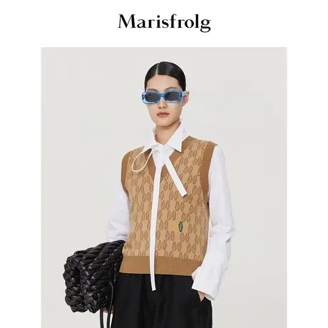 【纯羊毛针织马甲】玛丝菲尔春装新款菱形格V领羊毛毛衣上衣商品大图