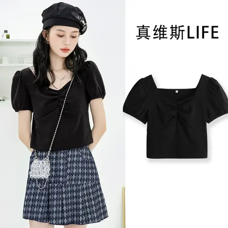 真维斯LIFE方领黑色短袖t恤女夏季泡泡袖短款上衣设计感小众女装商品大图