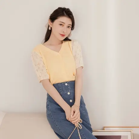 桔熊夏季甜美通勤针织衫拼接镂空泡泡袖短款小外套女大码FA2761商品大图