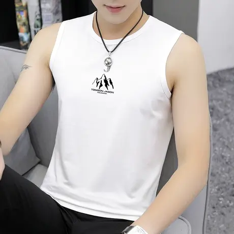 莫代尔背心男潮冰丝白色无袖t恤健身运动坎肩男夏季薄款篮球汗衫商品大图