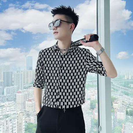 夏季薄款痞帅花衬衫男装短袖修身韩版中袖寸衫潮牌七分袖网红衬衣商品大图