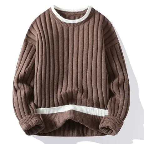 毛衣男秋冬季美式复古圆领毛衫高级感宽松男士针织衫休闲撞色线衣商品大图