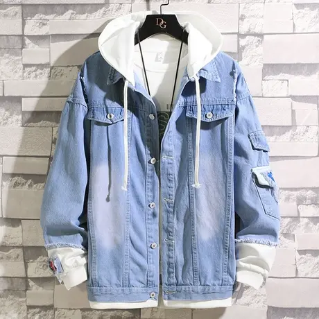 男士夹克春秋季新款韩版假两件休闲帅气上衣服学生连帽牛仔外套男商品大图