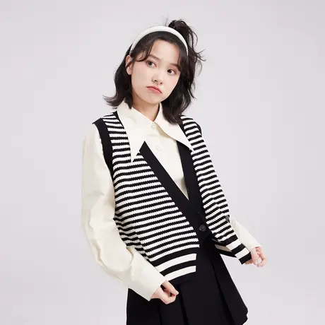 【6折清仓】坎肩外搭毛衣女薄款别致小上衣2022秋新款条纹针织衫商品大图