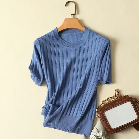 冰丝针织衫女圆领宽松套头春夏2023年新款韩版短袖t恤女百搭上衣商品大图