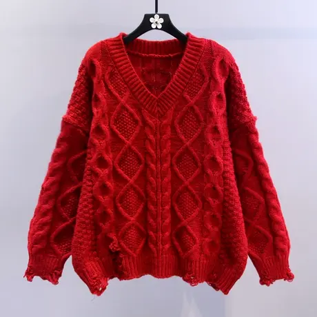 红色V领麻花毛衣女秋冬2023新款宽松慵懒风加厚设计感针织衫上衣商品大图