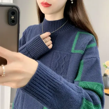 2023年秋冬新款半高领毛衣女套头拼色针织衫保暖内搭打底衫女上衣图片