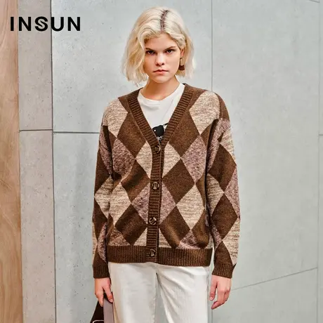 INSUN恩裳专选秋美拉德菱格牦牛绒羊毛针织衫图片