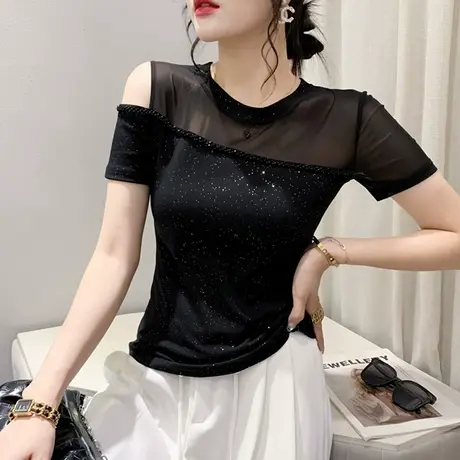 性感露肩T恤女短袖欧货夏季网纱拼接小衫洋气修身上衣气质半袖潮图片