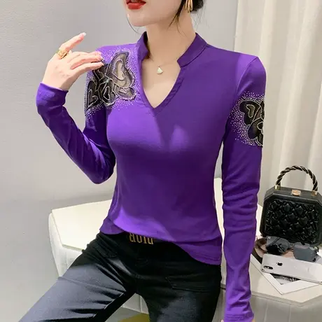 欧货时尚烫钻V领T恤女长袖性感镂空网纱拼接上衣百搭修身打底衫超商品大图