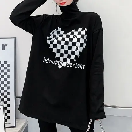 宽松高领卫衣女欧货洋气加绒高领打底衫秋冬韩版设计感撞色外套潮商品大图