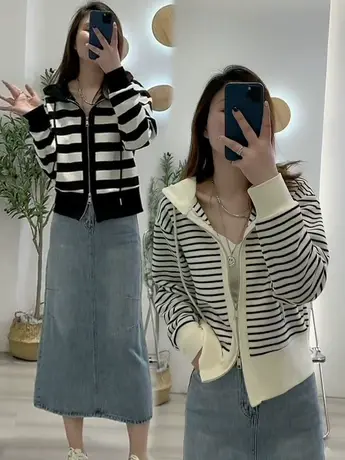 欧货条纹针织开衫连帽外套女2023春季新款宽松显瘦双拉链毛衣帽衫商品大图