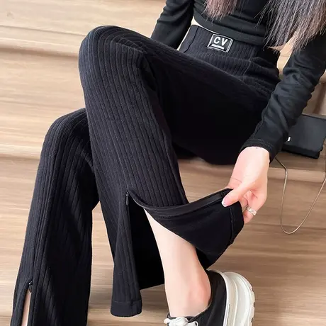 黑色针织开叉阔腿裤女春秋冬高腰宽松直筒弹力休闲长裤微喇叭裤子商品大图