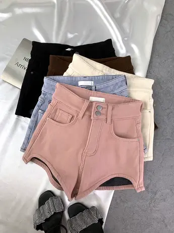 两粒扣加绒牛仔短裤女2023冬季新款显瘦百搭高腰弹力阔腿a字短裤商品大图